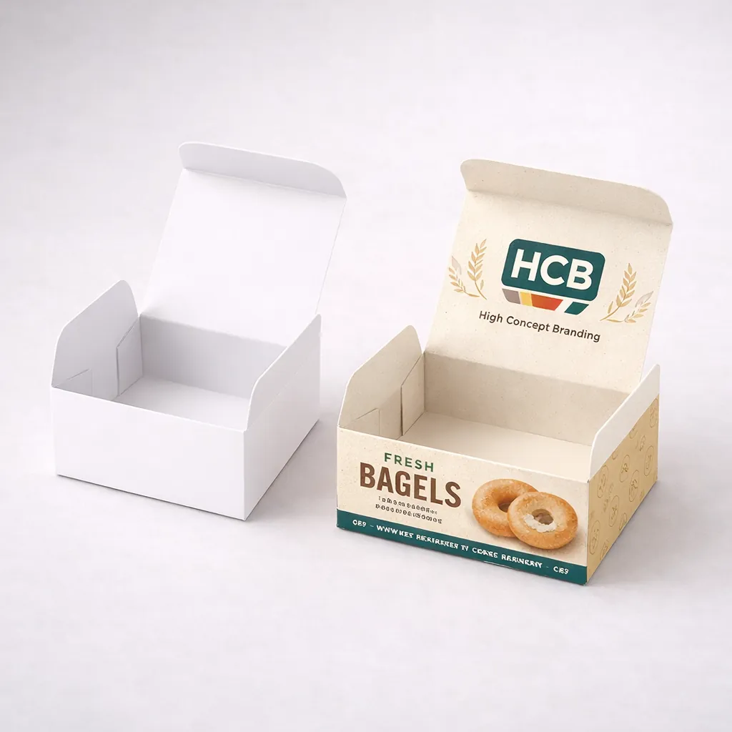 Two small cardboard boxes, one plain white and one with a colourful bagel-themed design and logo.